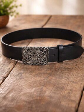 fossil boho western festival y2k silver statement buckle black leather belt